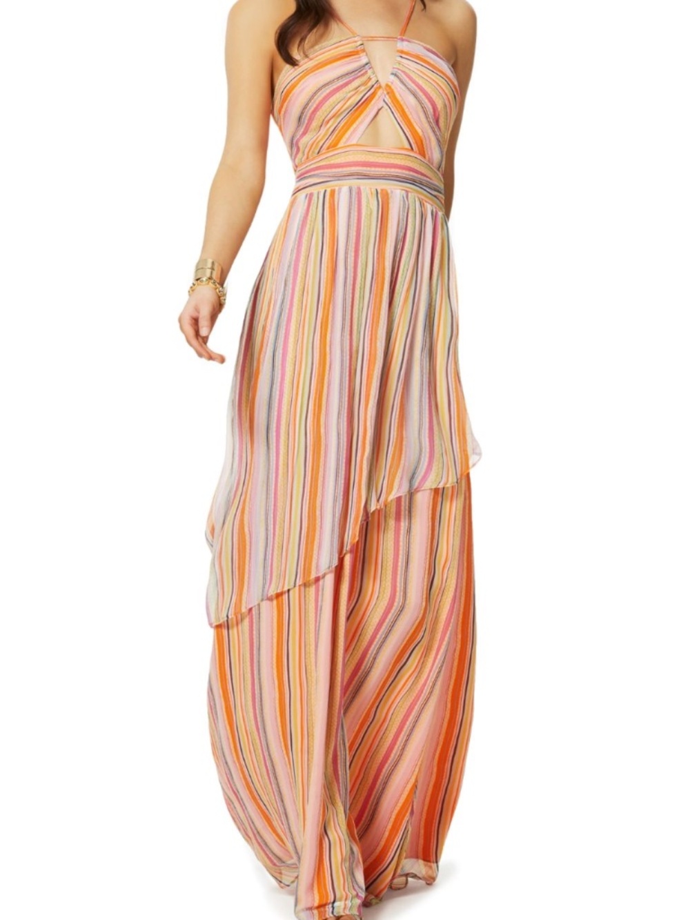 Ramy Brook Orange Multicolor Stripe Silk Halter Maxi Dress - COREY Dress XS